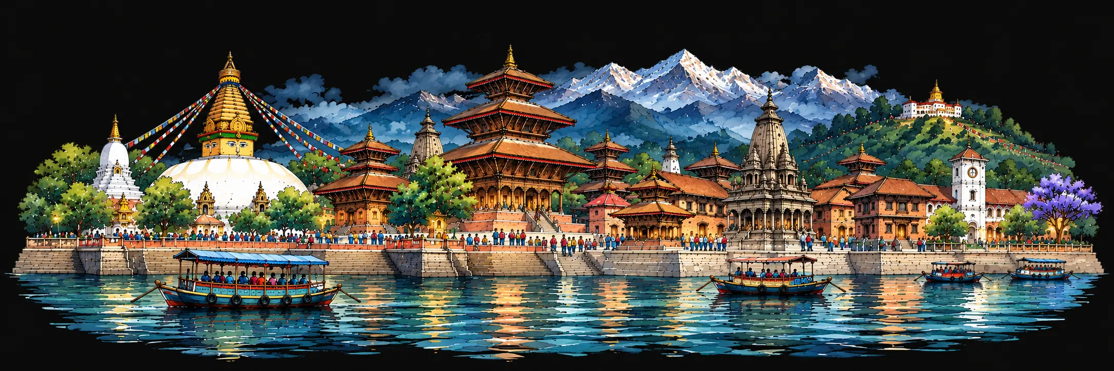 Panoramic watercolor of Nepali heritage — Boudhanath Stupa, Patan Durbar Square temples, Himalayan foothills and lakeside boats